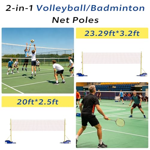 Portable Volleyball Poles,with Volleyball Net/Badminton Net,Outdoor & Indoor Heavy Duty Volleyball Poles Sets,Adjustable Height 5.09ft-6.8ft with Wheels,for Adults Kids Backyard