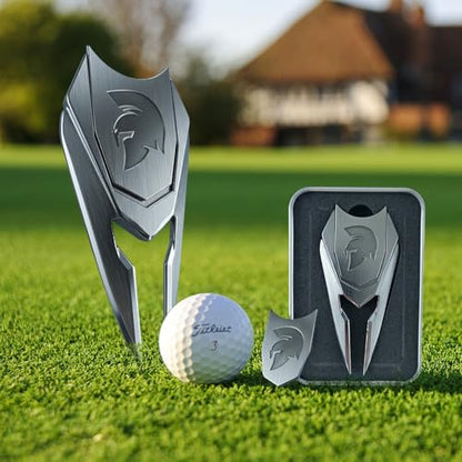 Golf Divot Repair Tool with Belt Clip & Magnetic Ball Marker | Spartan Helmet Design | Solid Metal Non-Foldable Golf Gift for Men | Silver, Black