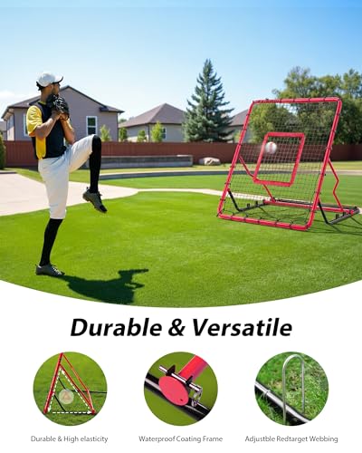 Baseball Rebounder Net,4x4.5FT Multi-Sport Pitch Back Rebounder Steel Frame with 4 Adjustable Angles, 40pcs Bungees Soccer, Volleyball&Lacrosse Trainer for Solo Fielding - color: Red
