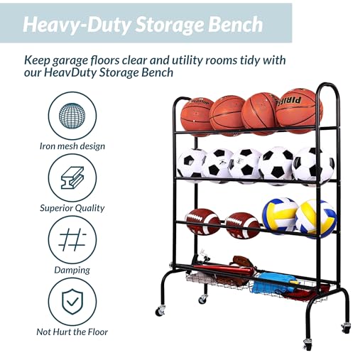 Fitvids Garage Sports Equipment Organizer, Garage Ball Storage, Sports Gear Storage, Garage Organizer with Baskets and Hooks, Rolling Sports Ball Storage Cart, Black, Steel - style: 4-Tier