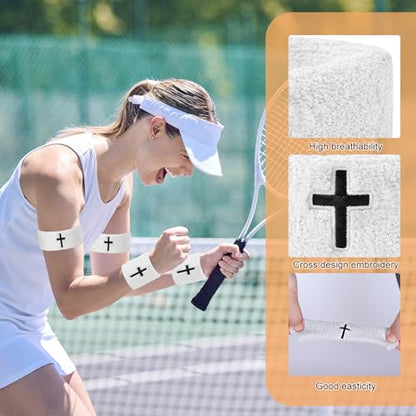 8 Pack Cross Embroidered Wrist Bands Bicep Bands Moisture Wicking, Machine Washable for Sports Stay Dry, Show Faith During Basketball, Football, Baseball, Gym, Running - color: White