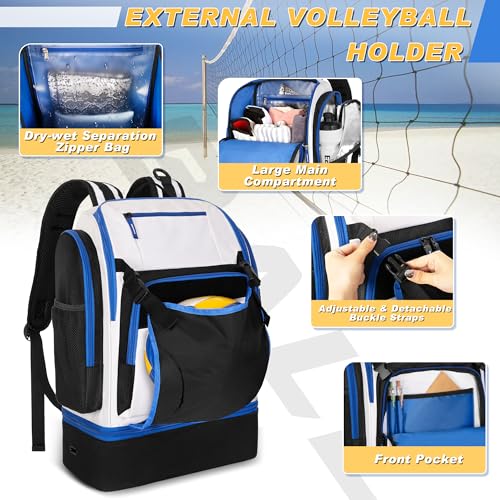 Volleyball Bag with External Ball Holder, Volleyball Backpack with Separate Shoe Space, Multiple Pockets and Adjustable Shoulder Strap for Soccer, Basketball and Gym Exercise - color: White/Blue