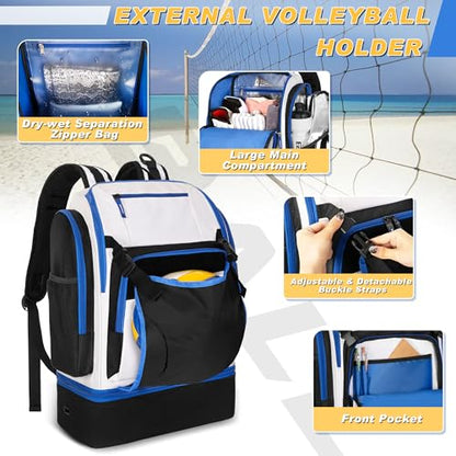 Volleyball Bag with External Ball Holder, Volleyball Backpack with Separate Shoe Space, Multiple Pockets and Adjustable Shoulder Strap for Soccer, Basketball and Gym Exercise - color: White/Blue