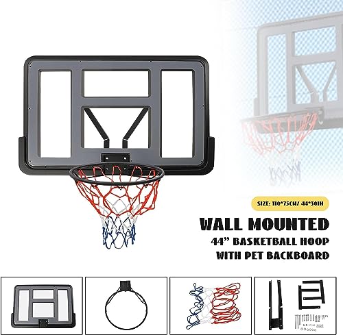 LOYALHEARTDY Shatter Proof Backboard Rim ComboW，44 X 30 Inch All Mounted Basketball Backboard & Rim Combo, Wall Mounted Adjustable-Height and Fixed Basketball Hoop