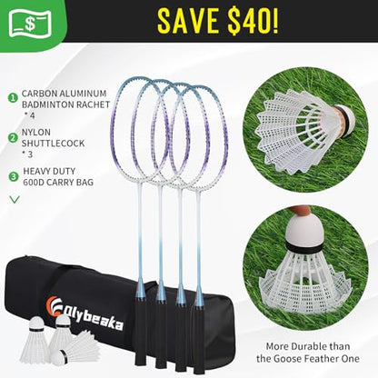 Outdoor Baminton Net Set for Backyard, Beach, Family Games with 20 * 3ft Anti-sag Net, 4 Aluminum Badminton Rackets, 3 Shuttlecocks, Carring Bag - Easy Set Up & Portable - color: Blue