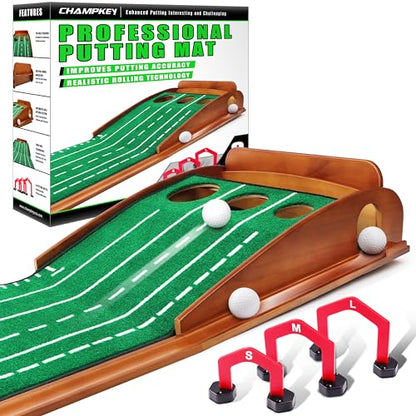 CHAMPKEY Premium Golf Putting Green Indoor with 3 Golf Putting Gates - Improves Putting Accuracy and Skill Levels Golf Putting Mat - Ideal for Indoor and Outdoor Training - style: Tri-Hole - Wooden