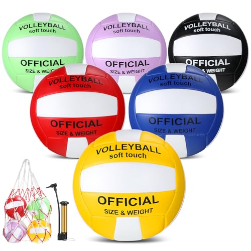 Junkin 6 Pack Volleyballs Official Size 5 Waterproof Soft Volleyball with Pump and Net Bag Outdoor Indoor Beach Gym Training Sport Gift Back to School - color: Colorful