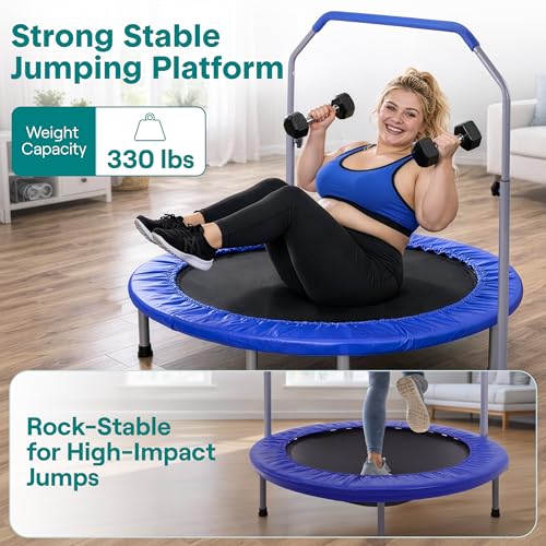 SereneLife 40" Foldable Mini Trampoline for Adults - Compact Fitness Rebounder with Adjustable Foam Handle, Exercise Trampoline with Max Load 330lbs, Indoor/Garden Whole-Body Workout - color: Deep Blue