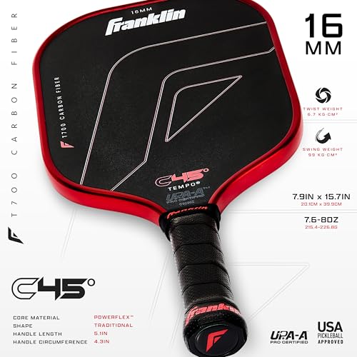 Franklin Sports PRO Pickleball Paddles – C45 Carbon Fiber Series - Official USAP + UPA Approved – Pro Player Design - color: Tempo |Electric Red, size: 16 mm