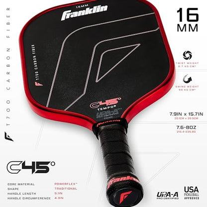 Franklin Sports PRO Pickleball Paddles – C45 Carbon Fiber Series - Official USAP + UPA Approved – Pro Player Design - color: Tempo |Electric Red, size: 16 mm