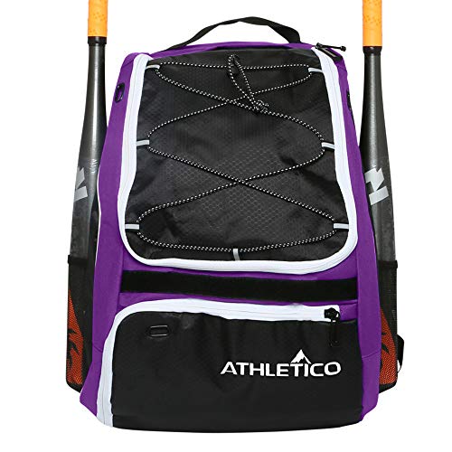 Athletico Baseball Bat Bag - Backpack for Baseball, T-Ball & Softball Equipment & Gear for Youth and Adults | Holds Bat, Helmet, Glove, & Shoes |Shoe Compartment & Fence Hook - color: Purple