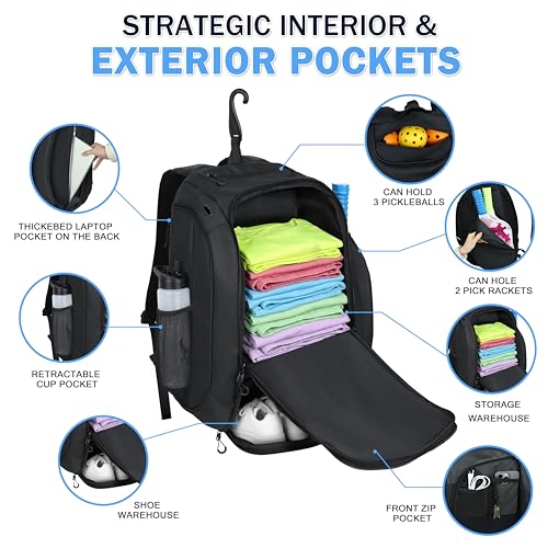 Pickleball Bag-50L Large Capacity, Padel Backpack with Shoe Compartment ＆ Retractable Cup Pockets, Fits 4-10 Paddles, Versatile, Black