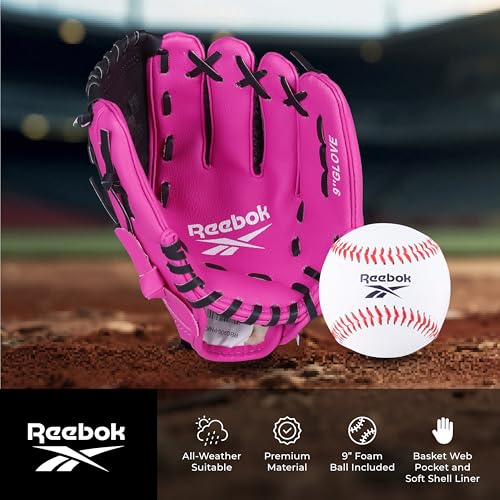Reebok - Youth Baseball Glove Set, 9-Inch Kids Sports Glove with Foam Ball, Training Mitt for Beginners, Practice & Backyard Play - color: Pink