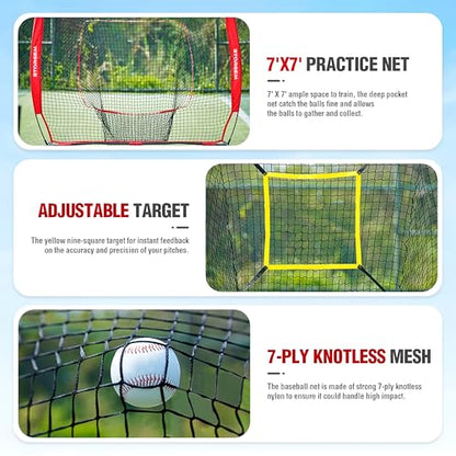 Storgem Baseball and Softball Practice Net 7×7ft Portable Hitting Pitching Batting Training Net Baseball Backstop Net with Batting Tee and Strike Zone and Bow Frame - color: Red