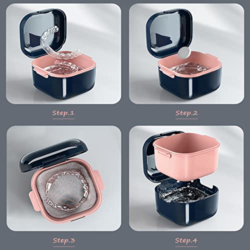 Denture Cup，Retainer Case,Cute Night Mouth Guard Box Holder, Storage Soak Container with Strainer basket for Travel Cleaning (Blue) - color: Blue