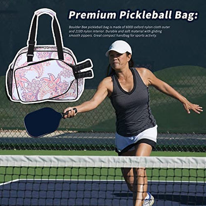 Boulder Bee Pickleball Bags, Premium Pickleball Tote Bag for Girls, Women’s Hand/Shoulder Gym Bag w Water Bottle Holder, with Pickleball Racquet/Paddle Holder - color: Pink cashew flower