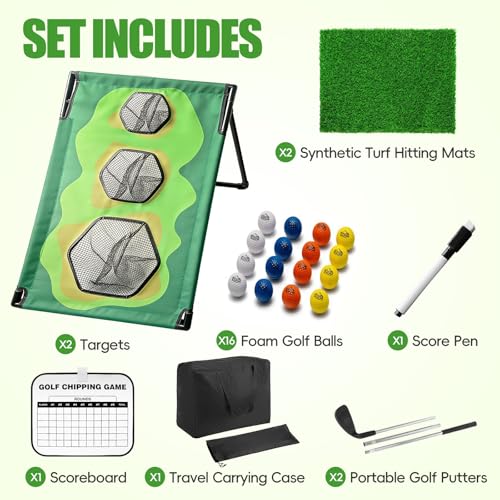 Golf Chipping Game Set with 2 Clubs & 1 Scoreboard - 2 Target Nets, 2 Turf Mats, 16 Foam Balls, Score Pen & Bag - Indoor/Outdoor Golf Training for Adults/Family