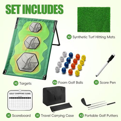 Golf Chipping Game Set with 2 Clubs & 1 Scoreboard - 2 Target Nets, 2 Turf Mats, 16 Foam Balls, Score Pen & Bag - Indoor/Outdoor Golf Training for Adults/Family