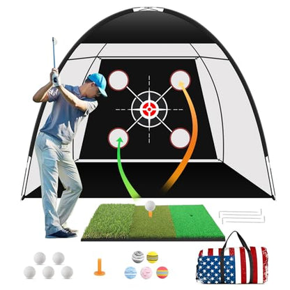 Golf Net Practice 10x7ft with Tri-Turf Mat & Real Balls Set Indoor Outdoor Golf Training Equipment for Backyard Driving Practice Enthusiast Gifts