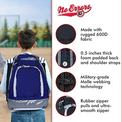 No Errors Sports RBP Rookie Baseball and Softball Backpack - Youth Baseball and Softball Bat Bag with Fence Hooks - Baseball and Softball Equipment Bag for Kids - color: Royal