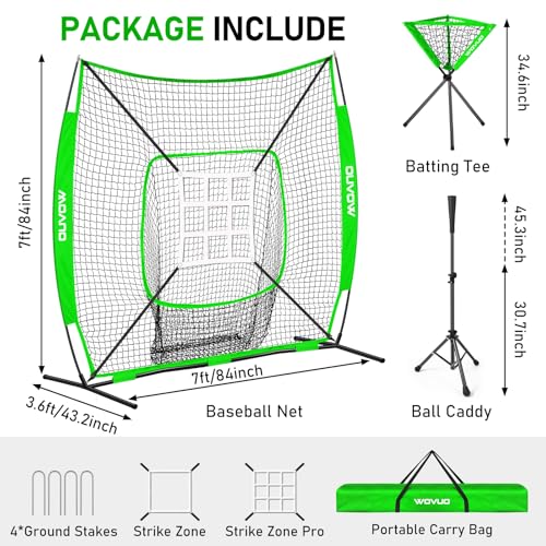 7x7 ft Baseball Net for Batting Pitching Hitting, Softball Pitching Net with Strike Zone, Tee, Ball Caddy, Softball Batting Net Baseball Training Equipment for Kids Adult Youth Sport Practice - color: Green