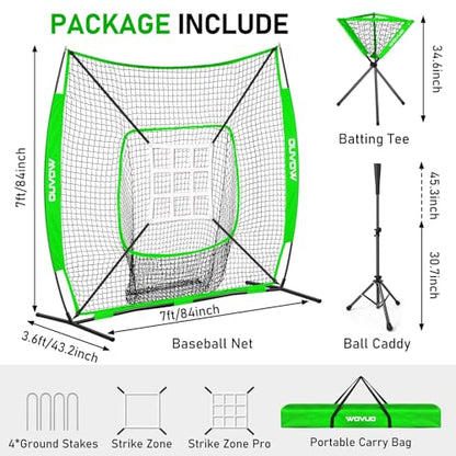 7x7 ft Baseball Net for Batting Pitching Hitting, Softball Pitching Net with Strike Zone, Tee, Ball Caddy, Softball Batting Net Baseball Training Equipment for Kids Adult Youth Sport Practice - color: Green