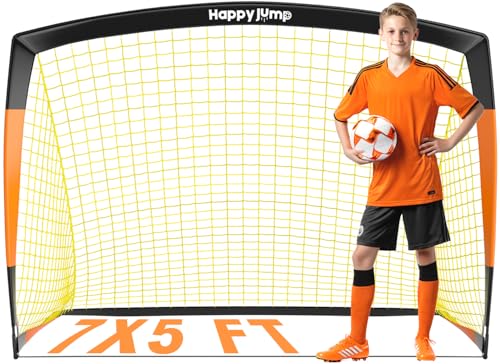 Happy Jump 7x5' & 5x3.6' Portable Soccer Goals for Kids Ages 6-14, Weatherproof Net and Steel Frame for Backyard Fun and Outdoor Training, Quick Setup and Sturdy for All Weather Conditions - style: Black Orange-7x5 FT