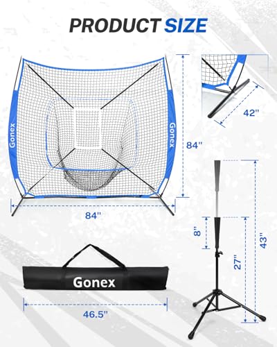 Gonex 7' x 7' Baseball Softball Practice Net Set with Batting Tee for Hitting and Pitching Batting, Practice Training Aid, with Strike Zone, Large Mouth, Bow Frame, Carrying Bag - style: Royal Net w Black Tee