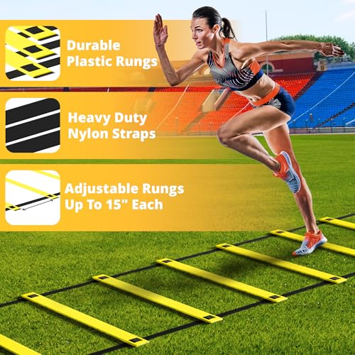 Yes4All Agility Ladder Speed Training Equipment Set - 1 Adjustable Agility Ladder, 12 Soccer Cones, 5 Hurdles, Jump Rope, Running Parachute - Speed & Agility Training Equipment for All Ages - color: A. Set Yellow