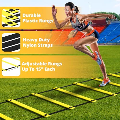 Yes4All Agility Ladder Speed Training Equipment Set - 1 Adjustable Agility Ladder, 12 Soccer Cones, 5 Hurdles, Jump Rope, Running Parachute - Speed & Agility Training Equipment for All Ages - color: A. Set Yellow