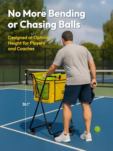 A11N SPORTS Pickleball Tennis Balls Hopper with Side Pocket – Holds 140 Pickleballs or 180 Tennis Balls, Pickleball Caddy with 4 Swivel Wheels, Foldable Frame & Detachable Bag for Training or Coaching