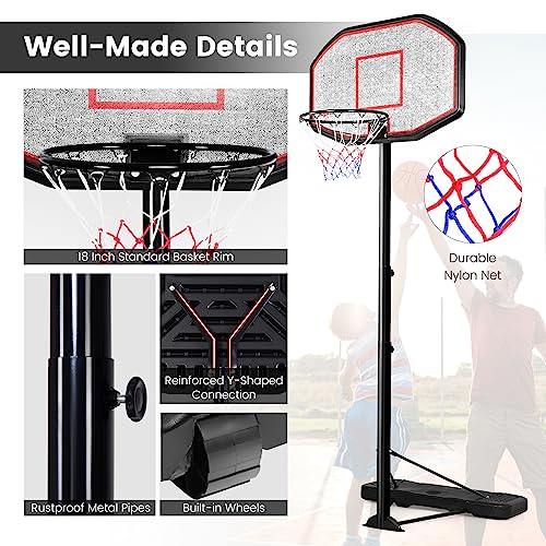 GYMAX Basketball Hoop, Outdoor 6.5FT-10FT Adjustable Basketball Goal with 43’’ Shatterproof Backboard & 18’’ Basket, All Weather Basketball Stand with Wheels, for Kids Youth Adult, Gym Driveway Court