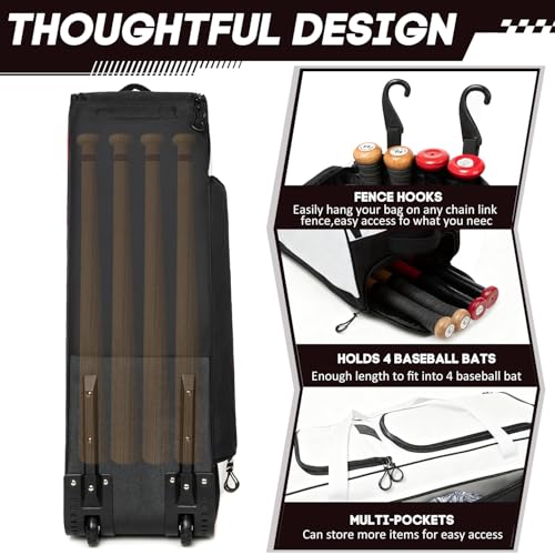 Baseball Bag with Wheels for 4 Bats,Soft Rolling Baseball Bag With Multi-Pockets, Fence Hook, Holds All Baseball Equipment. - color: White/Blk