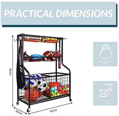 Fitvids Garage Sports Equipment Organizer, Garage Ball Storage, Sports Gear Storage, Garage Organizer with Baskets and Hooks, Rolling Sports Ball Storage Cart, Black, Steel - style: 3-Tier with Large Base