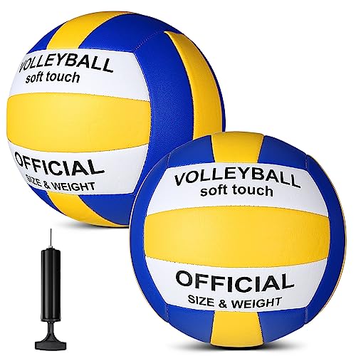 Lenwen 2 Pack Beach Volleyball Official Size 5 for Indoor Outdoor, Waterproof Soft Volleyball with Pump for Adult Beginner Beach Game Gym - color: Blue, Yellow, White