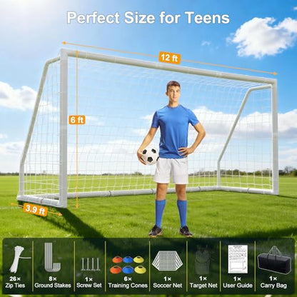 MOPHOTO Soccer Goal, 6X4/8x6/10x6.5/12x6/16x7/18.5x6.5/21x7/24x8ft Soccer Goals for Backyard, Full Size Soccer Goal for Teens & Adults Training - size: 12x6FT, style: PVC-Non-Foldable