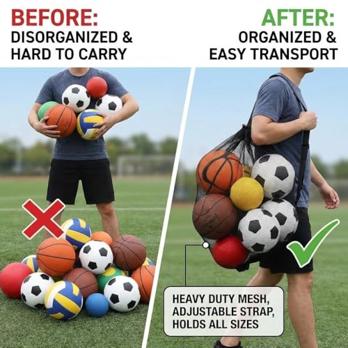 Keeble Outlets Basketball Bag | Large Mesh Ball Bag for Basketballs, Soccer Ball, Volleyball Ball & Sports Equipment | Heavy Duty Mesh Bag | Ball Storage Net with Strap | Sports Bag for Equipment