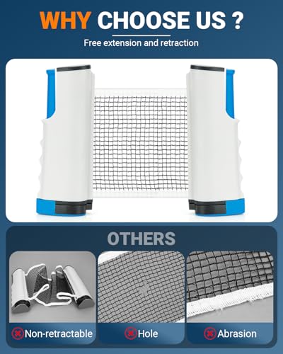 Retractable Ping Pong Net, Upgrade Table Tennis Net Stands Upright Without Sagging, Ping Pong Net for Any Table, Easy to Use and Portable, Play Indoors & Outdoors, Ping Pong Table Net