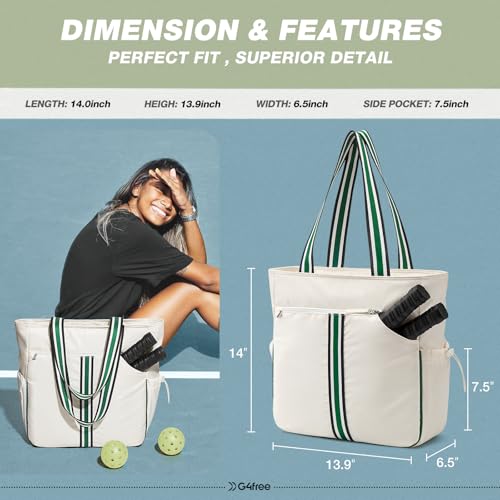 G4Free Pickleball Bag, Pickleball Tote Bag for Women Men, External Ball Bag with Shoe Compartment & Paddle Cover Pocket - color: Beige&green