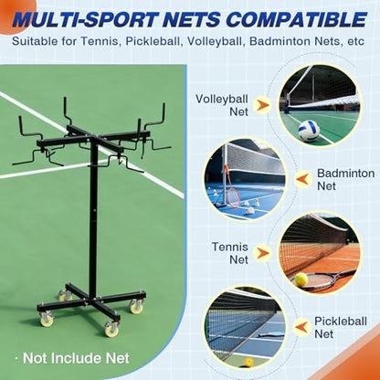 Movable Sports Net Storage Rack with Lockable Wheels, Heavy-Duty Holder for Volleyball, Tennis, Pickleball, Badminton Nets, Space-Saving Support Rack with Swivel Handle & Dust Covers - style: Holds 3 Nets