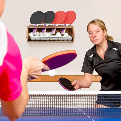 Ping Pong Storage Rack, Wall-Mount Table Tennis Paddle Display Holder with Ball Shelf, Racket Organizer Accessories Set for Game Room, Bar, Garage, Office, Home