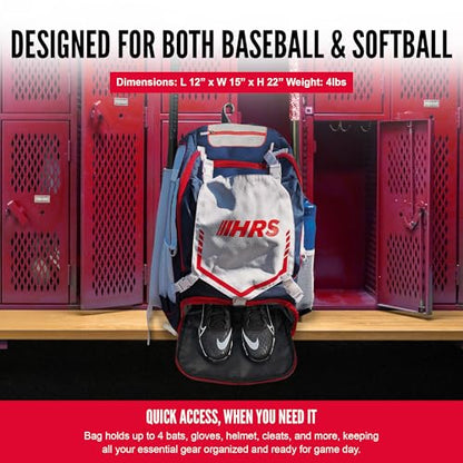 Hit Run Steal Bat Bag Backpack, Holds 4 Bats, Gloves, Helmet, and Cleats, Red, White & Blue