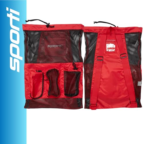 Sporti Swimming Equipment Bag Zipper Pocket, Mesh Drawstring Backpack, Drawstring Bags, Big Mesh Backpack for Workout Gear - color: Equipment - Red, style: 4. Two Shoulders & Pockets