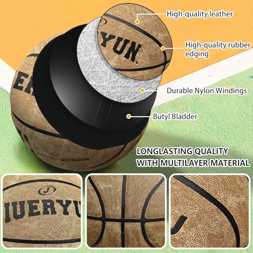 Professional Top-Grain Cowhide Basketball, Indoor Game Leather Ball for Competition & Training - color: Brown