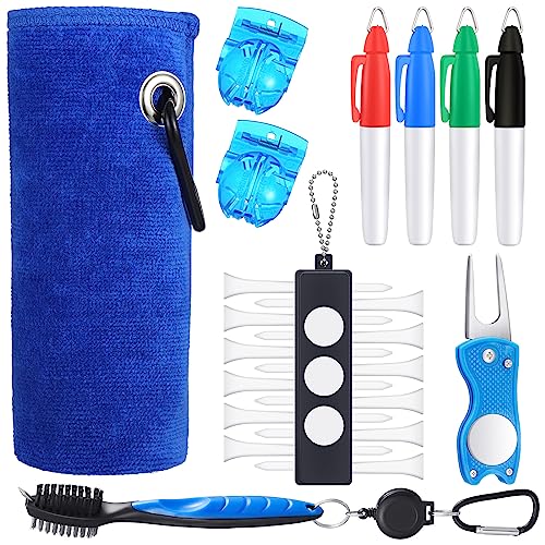 Sumind 22 Pcs Golf Essentials Accessories Kit Include Golf Club Cleaning Brush Towel Marking Pen Line Divot Repair Tool Ball Marker Tee Holder for Men Women Ideal Gift(Blue) - color: Blue