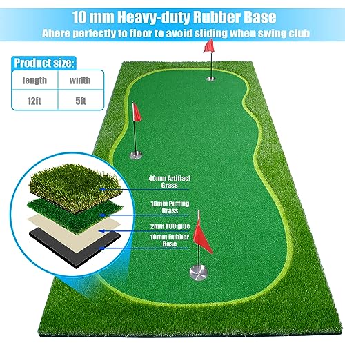 Golf Putting Green/Mat-Golf Training Mat- Professional Golf Practice Mat- Green Long Challenging Putter for Indoor/Outdoor - style: 5x12ft 3Holes