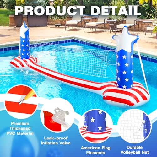 4th of July Pool Toys Games Set, 3 in 1 Inflatable Volleyball Net & Basketball Hoop, Large Water Floating Volleyball Toy Summer Party for Kids Teens Adults, American Flag 250th Anniversary