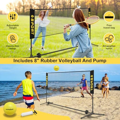 10 FT Mini Portable Tennis Net for Teenagers with Rubber Volleyball, with Pump and Carry Bag, Adjustable Height 2.7FT-5.1FT for Badminton Net, Volleyball Net,Soccer Net,Pickleball Net