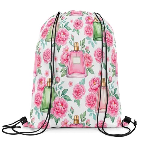 Castle Fairy Pink Flowers Perfume Drawstring Backpack Gym Bag,Beauty Fragrance Cinch Bag,Princess Style Foldable Draw String Back Bags Sports Bags,Pink Green - color: Pink Green
