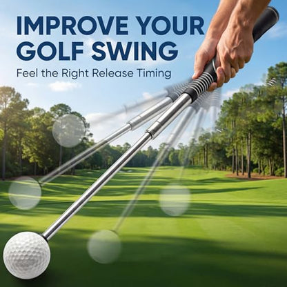 Retractable Golf Swing Trainer, Telescopic Practice Club with Click Feedback, Right-Handed Ergonomic Grip & Arm Band, Grip/Posture Correction, Portable Indoor/Outdoor Tempo & Swing Path Aid